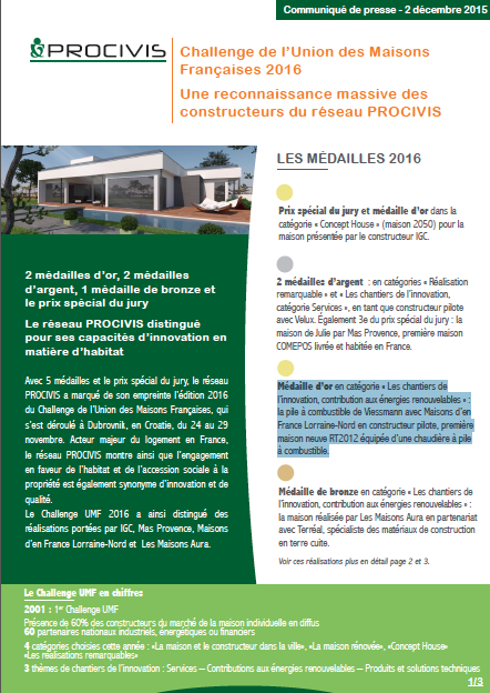 Maison d'en France médaillée d'or au Challenge de l'union des maisons françaises 2016