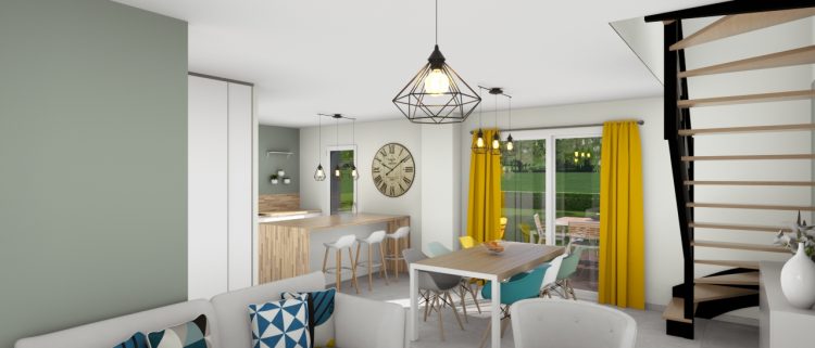 Vue 3D d'un salon d'une Maison moderne T4 86m2 de Maisons d'en France Bretagne