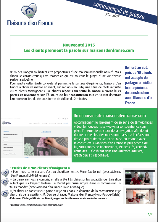 Aperçu communiqué de presse sur les témoignages des clients qui ont fait construire avec Maisons d'en France