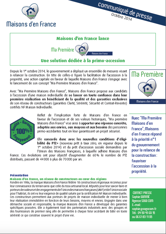 Avec Ma Première Maisons d'en France, le réseau Maisons d'en France lance sa solution pour un premier projet de construction